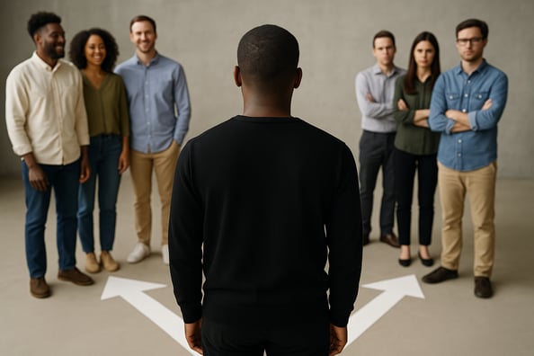 An+African+American+man+at+a+crossroads,+choosing+between+support+that+fuels+growth+or+negativity+that+holds+him+back